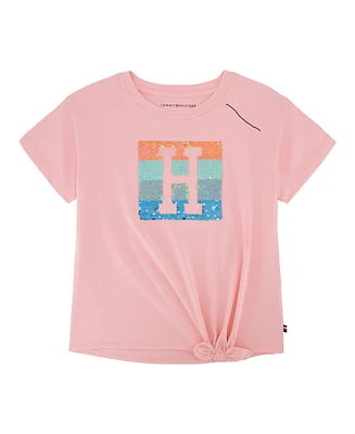 Tommy Hilfiger Big Girls Sequin Side Tie Short Sleeve T-Shirt