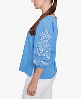 Ruby Rd. Petite Bella Blue Embroidered Three Quarter Sleeve Top