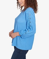 Ruby Rd. Petite Solid Textured Eyelet Sleeve Boat Neck Top