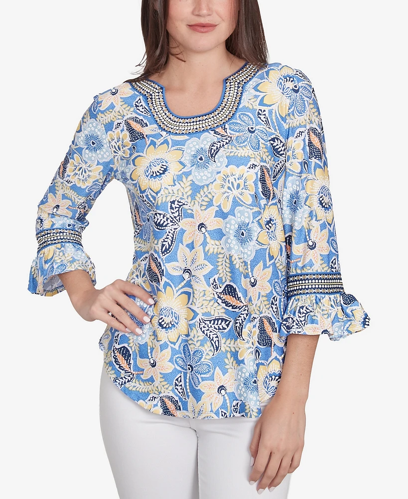 Ruby Rd. Petite Bohemian Floral Puff Print Crew Neck Top
