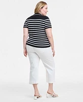 Liverpool Plus Size Short Sleeve Collared Sweater Stride High Rise Cropped Wide Leg Jeans