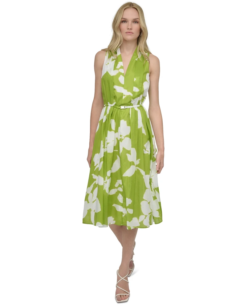 Dkny Women's Cotton V-Neck Belted A-Line Midi Dress