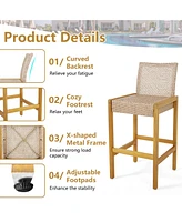 Set of 4 Patio Wood Barstools Rattan Bar Height Chairs with Backrest Porch Balcony