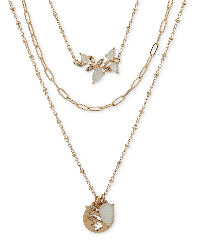 lonna & lilly Gold-Tone Pave Bird & Mother-of-Pearl Leaf Layered Pendant Necklace, 16" + 3" extender