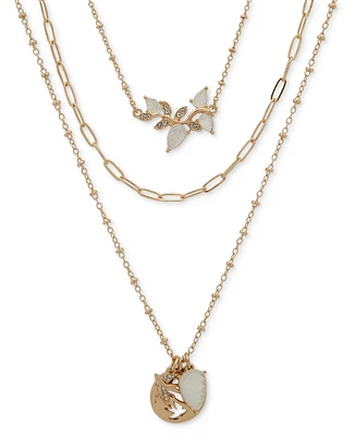 lonna & lilly Gold-Tone Pave Bird & Mother-of-Pearl Leaf Layered Pendant Necklace, 16" + 3" extender