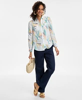 Charter Club Women's Palm-Print 100% Linen Shirt, Exclusively at Macy's