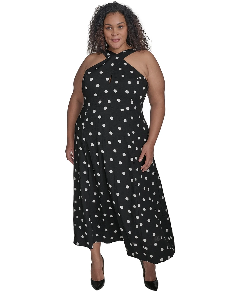 Dkny Plus Polka-Dot Crisscross Halter Midi Dress