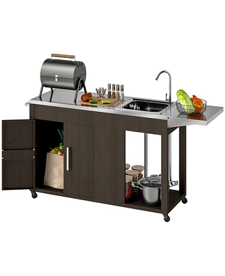 Outsunny Outdoor Grill Table Grill Cart with Folding Side Table, Steel Sink