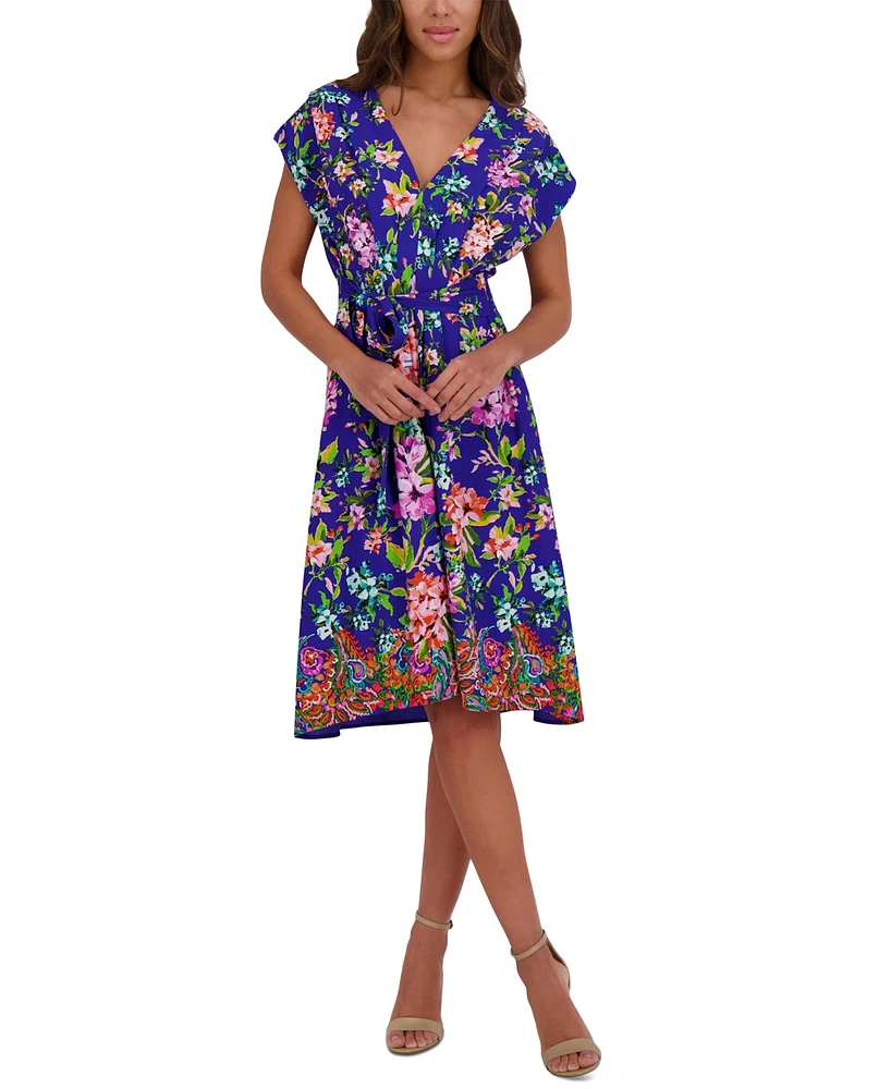 kensie Women's Printed V-Neck Smocked-Back A-Line Dress