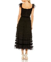 Women's Ruffle Cap Sleeve Embellished Tiered Midi Dress