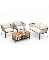 Gymax Set of 4 Furniture Set w/2-Tier Coffee Table Acacia Wood Armrests Tabletop