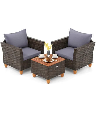 Gymax Set of 3 Rattan Bistro Furniture Set Wooden Table Top Cushioned Sofa Patio