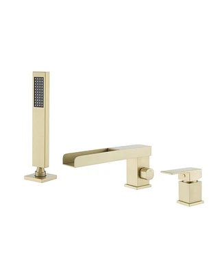 Waterfall Roman Tub Faucet with Hand Shower,Deck Mount Black Bathtub Faucets Brass Filler Bathroom Shower, Brushed Gold