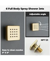 5-Function Luxury Thermostatic Shower System with Body Jets, Led Lights, Rainfall Head, and Handheld Spray, Brushed Gold