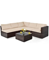 Gymax Set of 6 Rattan Furniture Set Patio Cushioned Sofa Coffee Table