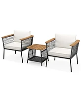 Gymax Set of 3 Furniture Set w/ 2-Tier Coffee Table Acacia Wood Armrests Tabletop Patio