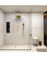 3-Function Wall Mounted 16" Thermostatic Shower System with Body Jets, 2-Mode Rainfall Showerhead, 3-Spray Handheld for Bathroom, Brushed Gold