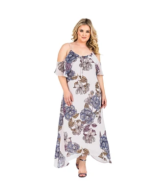 Plus Women's Floral Chiffon Cold Shoulder Ruffle Dress