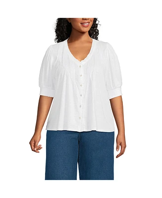 Lands' End Plus Button Pintuck Puff Sleeve Top