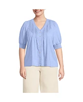 Lands' End Women's Plus Button Pintuck Puff Sleeve Top