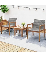 Gymax Pieces Outdoor Furniture Set Acacia Wood Frame Sofa Set w/ Rattan Seat