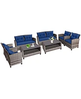 Gymax 8 Pcs Patio Rattan Furniture Set Coffee Table Cushioned Sofa Garden Lawn