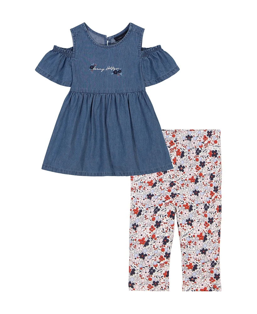Tommy Hilfiger Toddler and Little Girls 2-Piece Denim Look Tunic Printed Capri Leggings Set