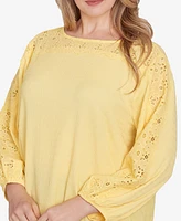 Ruby Rd. Plus Size Solid Textured Eyelet 3/4 Sleeve Top