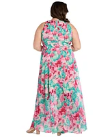 R & M Richards Plus Printed Overlay-Skirt Maxi Dress
