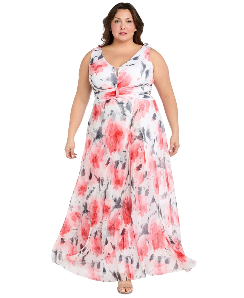 R & M Richards Plus Printed Ruched-Waist Pleated Dress