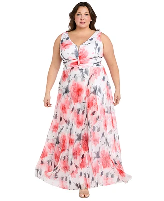 R & M Richards Plus Printed Ruched-Waist Pleated Dress