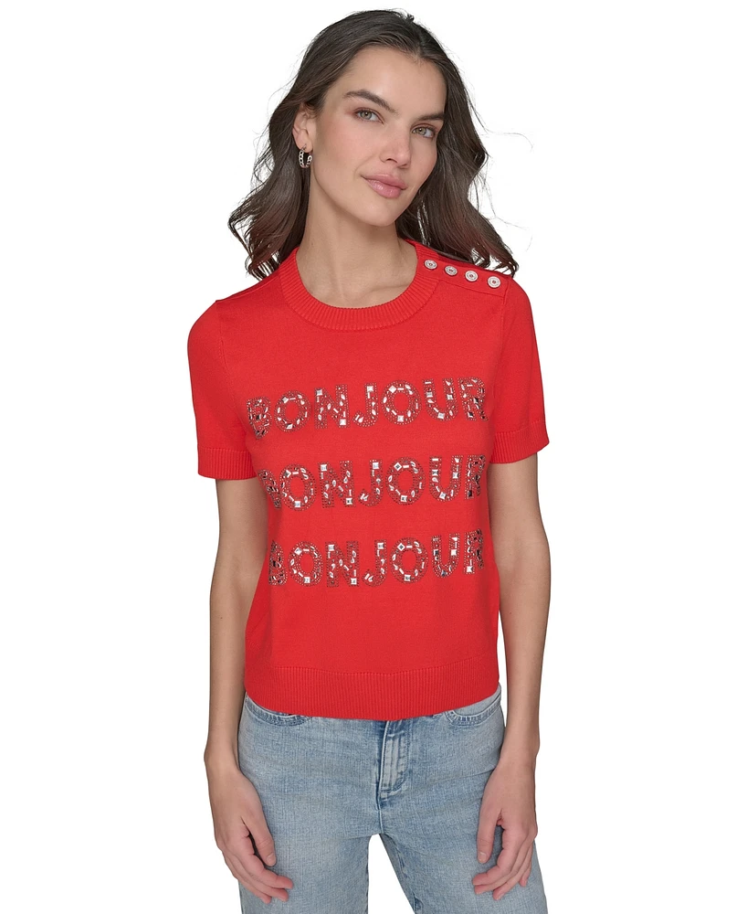 Karl Lagerfeld Paris Petite Crystal Bonjour Short-Sleeve Sweater