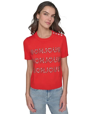 Karl Lagerfeld Paris Petite Crystal Bonjour Short-Sleeve Sweater