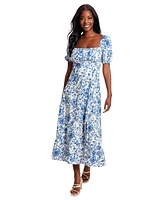 London Times Petite Floral-Print Puff-Sleeve Maxi Dress