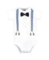 Hudson Baby Infant Boy Cotton Bodysuit, Pant and Shoe Set, Blue Anchor Suspender, 9-12 Months