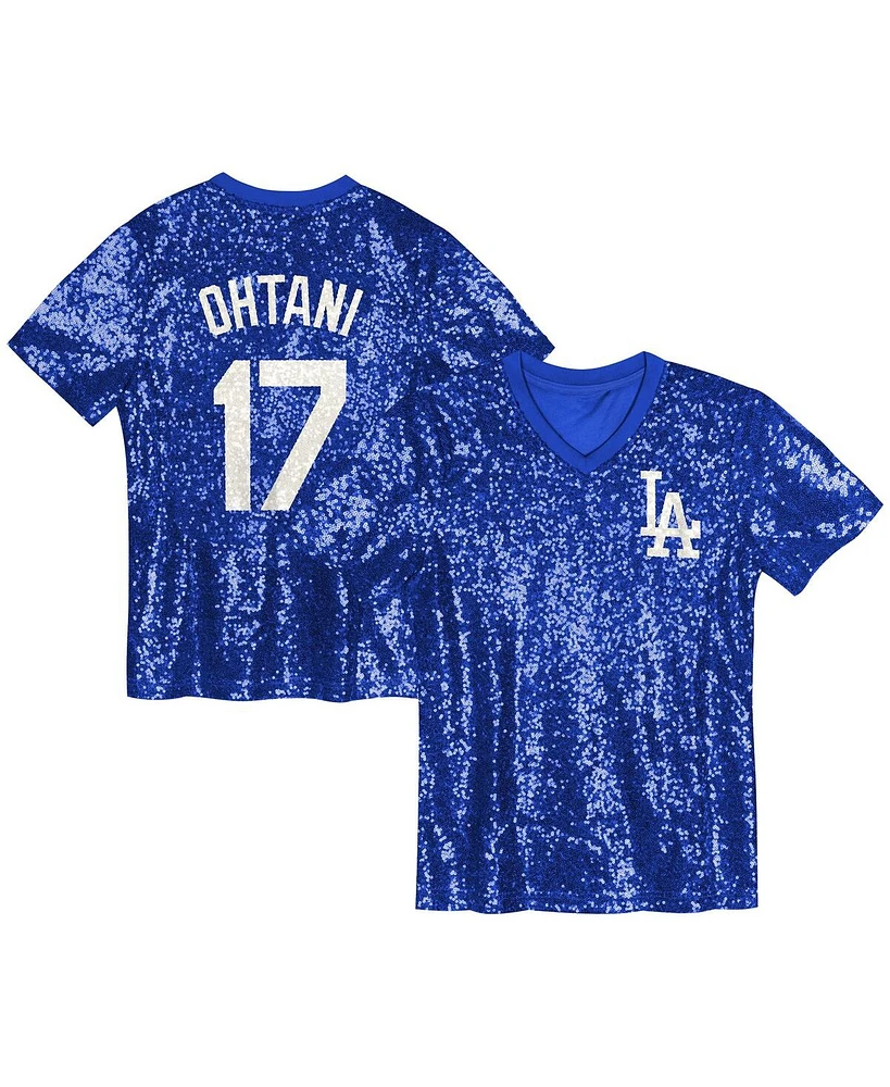 Outerstuff Juniors Shohei Ohtani Royal Los Angeles Dodgers Name Number Sequin V-Neck Top