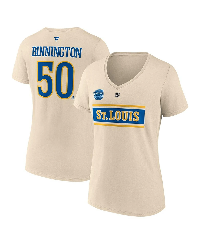 Fanatics Women's Jordan Binnington Cream St. Louis Blues 2025 Nhl Winter Classic Authentic Stack Name Number V-Neck Top