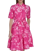 Calvin Klein Women's Cotton Floral Belted Tie-Cuff Dress