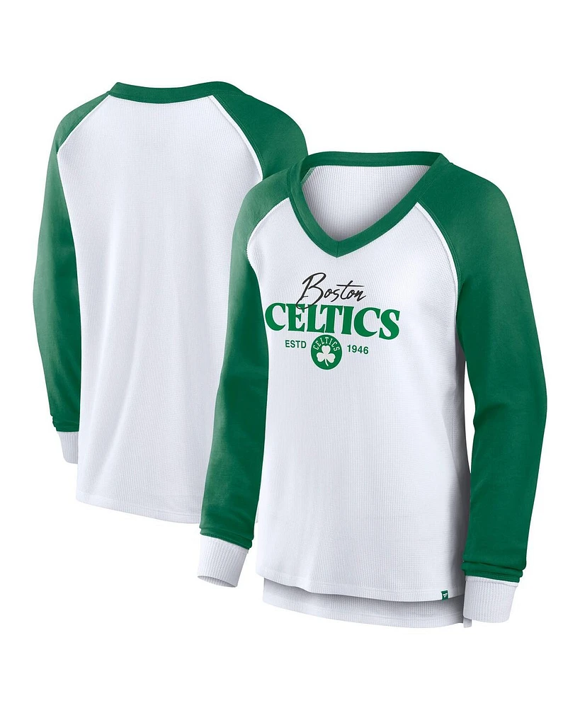 Fanatics Women's White Boston Celtics Open Lane Waffle Long Sleeve V-Neck T-Shirt