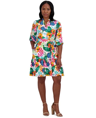 Jessica Howard Petite Floral Balloon-Sleeve Split-Neck Dress