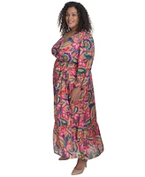 Jessica Howard Plus Printed Tie-Waist Blouson-Sleeve Maxi Dress