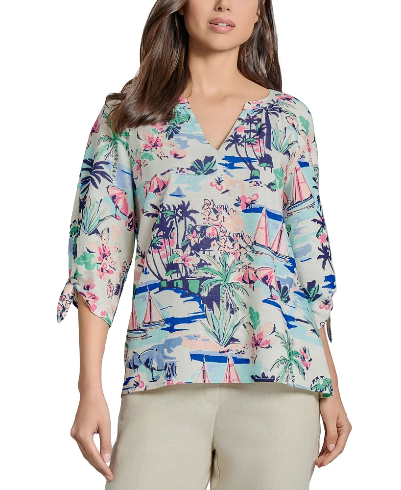 Jones New York Women's Printed Linen-Blend Blouse