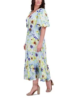 kensie Women's Floral-Print Puff-Sleeve Maxi Dress