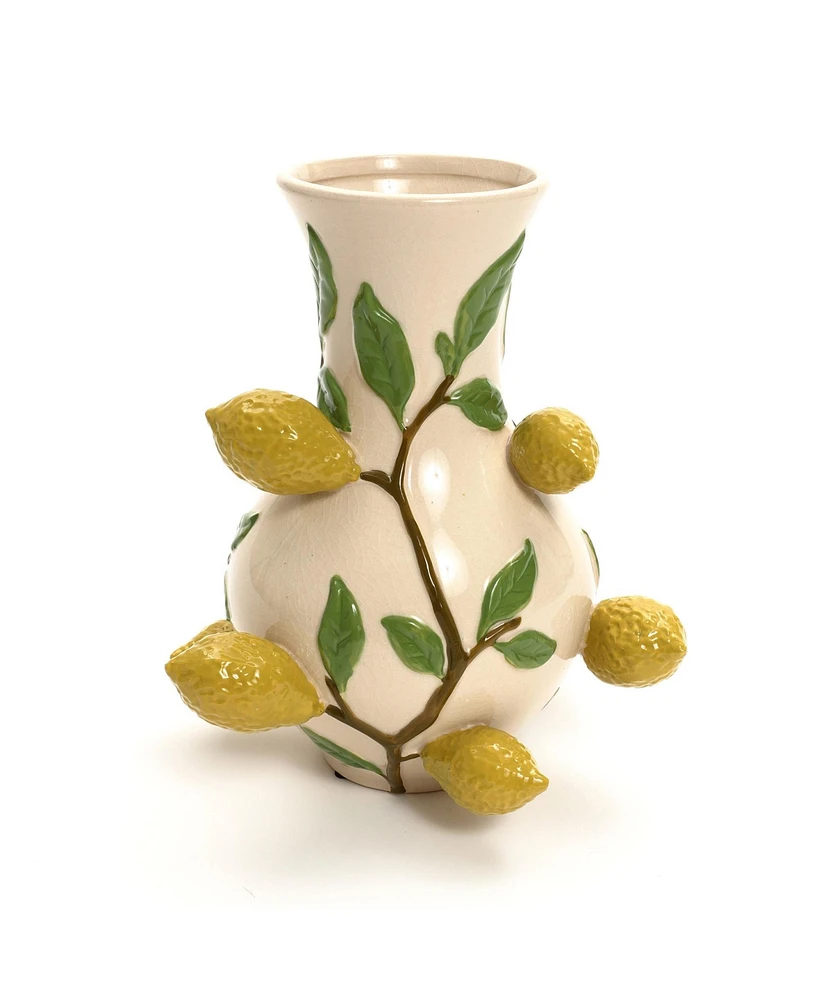 LuxenHome Ivory with Yellow Lemons Ceramic 13.8-Inch Tall Vase