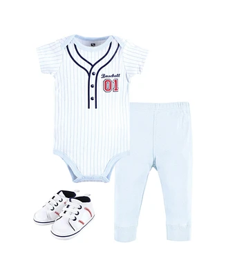 Hudson Baby Infant Boy Cotton Bodysuit, Pant and Shoe Set, Lt Blue Baseball, 9-12 Months