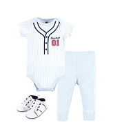 Hudson Baby Infant Boy Cotton Bodysuit, Pant and Shoe Set, Lt Blue Baseball, 9-12 Months