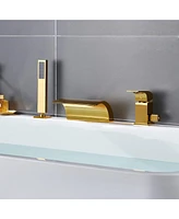 Dual-Function Bathtub Faucet Set with Handheld Shower Head Brass Tub Spout Waterfall Bathtub Shower Faucet, Brushed Gold