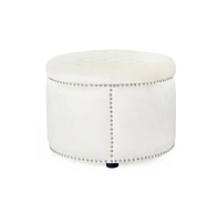 Round Velvet Tufted Ottoman, Upholstered Footrest with Button-Tufted Design & Studded Trim-The Pop Home