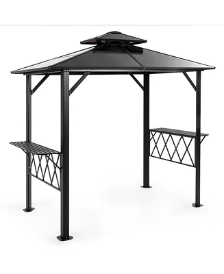 8×5 Feet Gray Hardtop Grill Gazebo Canopy with 2-Tier Pc Roof with Side Shelves