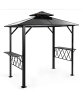 8×5 Feet Gray Hardtop Grill Gazebo Canopy with 2-Tier Pc Roof with Side Shelves